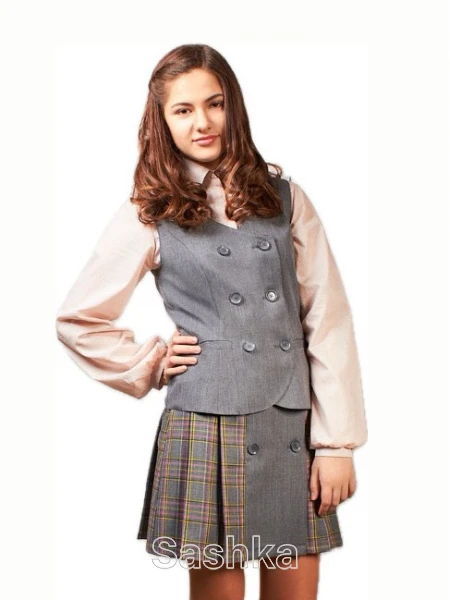 Жилет для дівчинки Sashka шкільний двубортний сірий (напіввовна), розмір 152-176